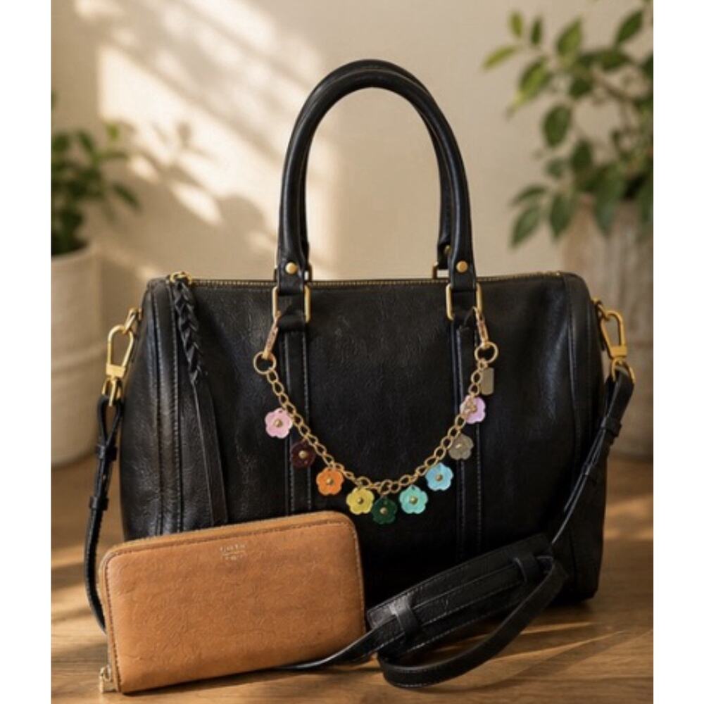 Fossil Black Leather Satchel Purse + Tan Zip Wallet Bundle Boho